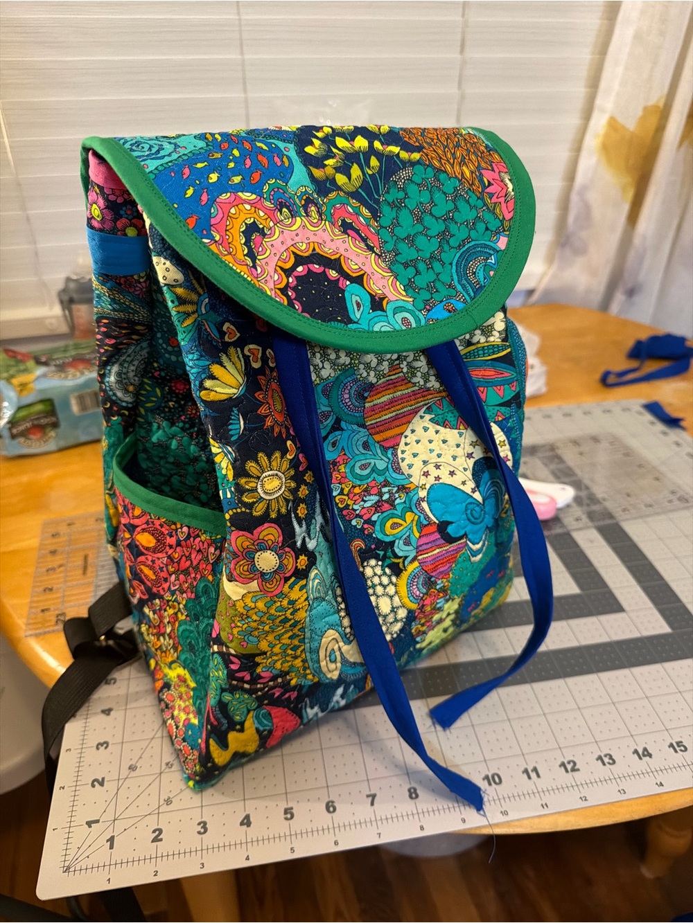 Colorful Floral Canvas Backpack - Green Trim